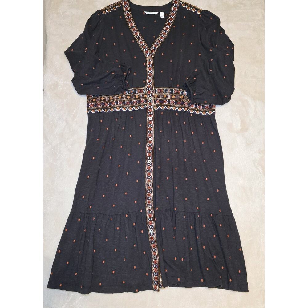 Canyon Retreat Boho Embroidered Midi Dress XL Black Orange Geometric Festival